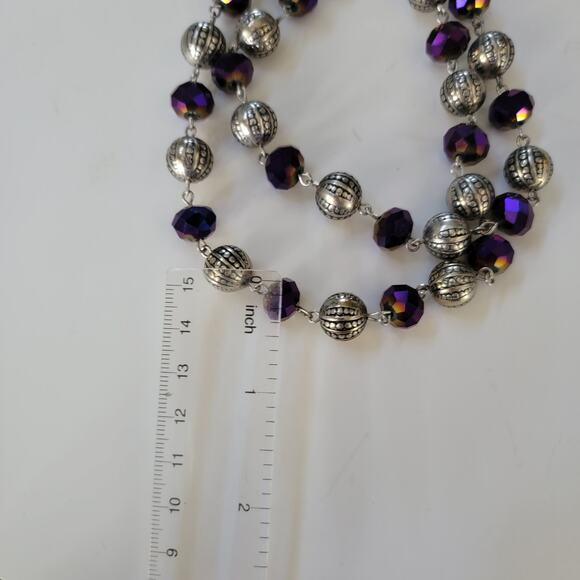Purple Beaded Necklace with Silver Accent Long Chain Boho Jewelry Statement Gift - Picture 8 of 10
